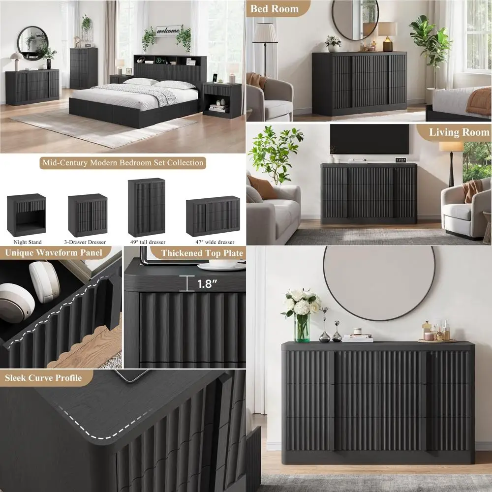 

Wide 47 Bedroom Storage Chest with Curved Design and Solid Wood Handles, Ideal for Living Room or Hallway, Black