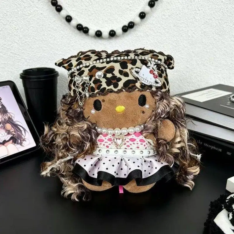 Hello Kitty Sanrio Long Curly Hair Flash Bikini Leopard Print Scarf Plush Toy Keychain Backpack Decoration Pendant Friend Gift