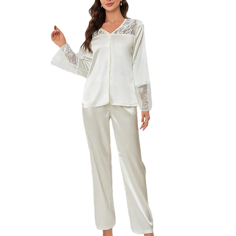 Autumn White Sleepwear Lace Patchwork Long Sleeve Trousers Pajamas Women\'s Set Loose Women\'s Pajamas Home Wears 2Pcs Nightwear