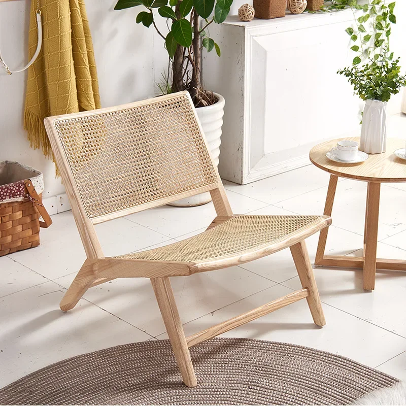 rattan seat, leisure balcony courtyard tables and chairs, Nordic real rattan single sofa chair solid wood homestay