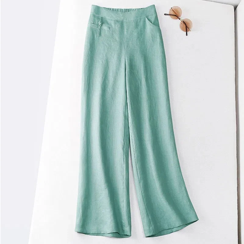 

Summer Women's Trousers New Elastic High Waist Linen Straight Pants Female Casual Loose Comfortable Cotton Linen Wide-Leg Pants