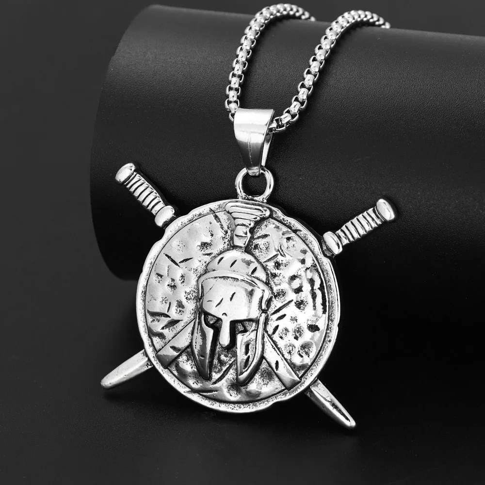 

New Vintage Relief Pendant Necklace Titanium Steel Spartan Warrior Shield Pendant Men's Necklace Jewelry Wholesale
