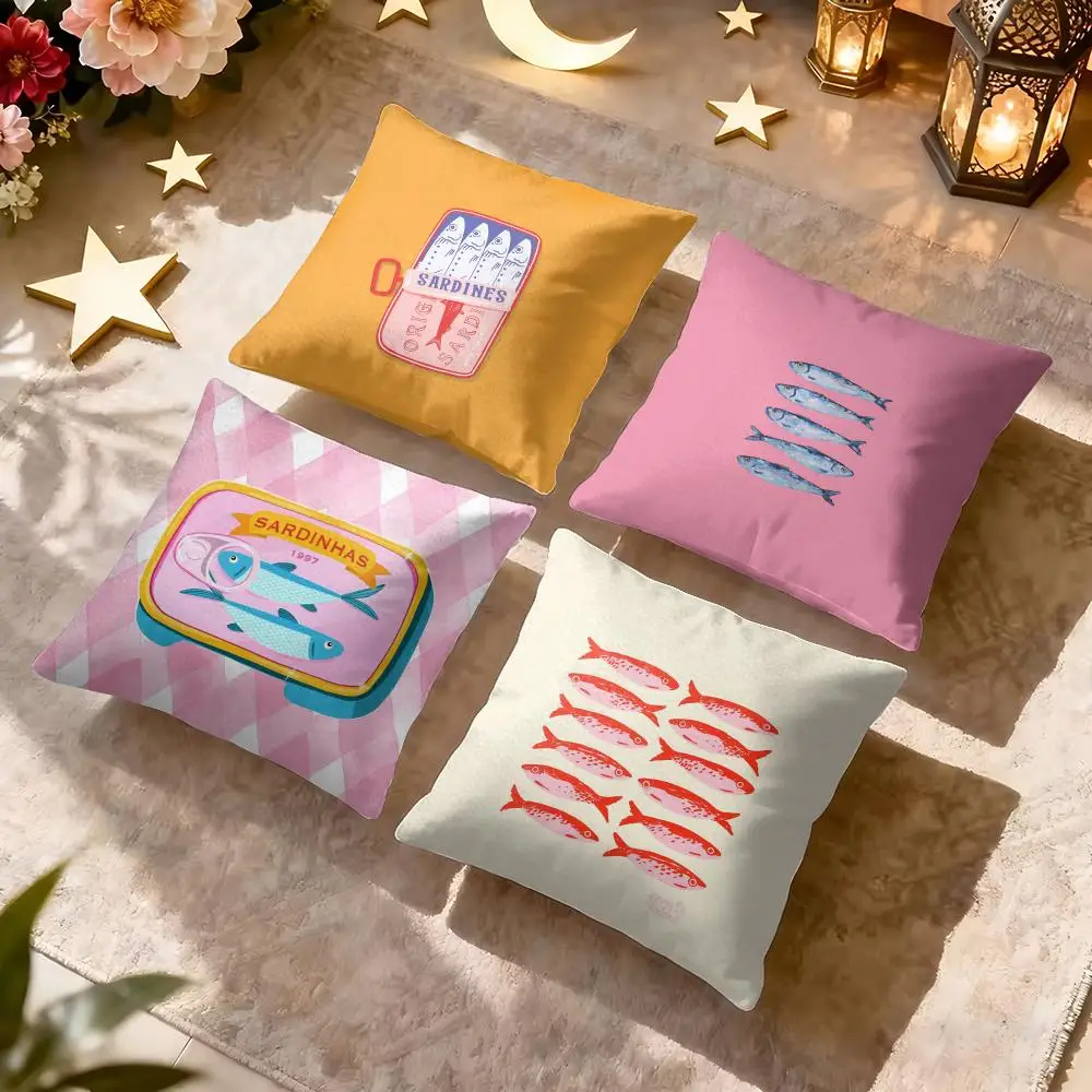 Vintage Sardines Canned Fish Cushion Cover Soft Short Plush Pillow Cover Smooth Cozy Texture Aesthetic Cushion Case Home Decor