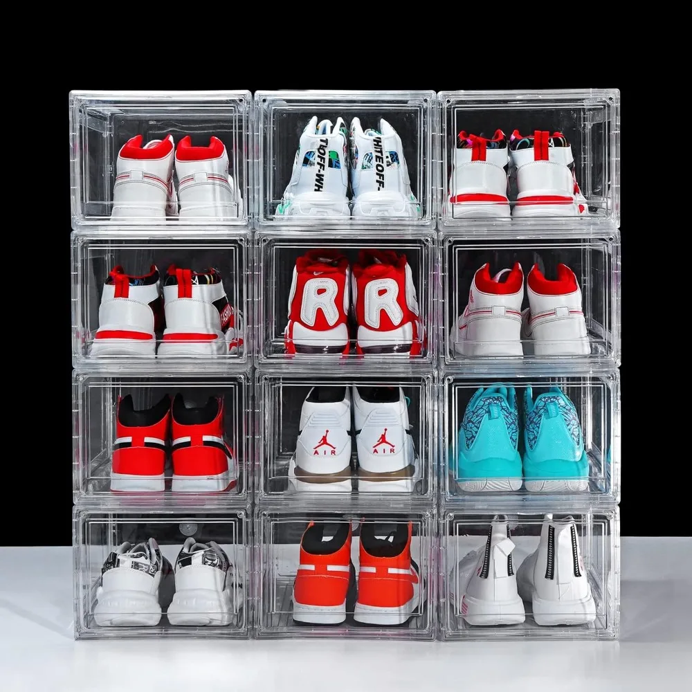 

12 Pack Shoe Boxes, Clear Acrylic Plastic Shoe Boxes Stackable, Space-Saving Foldable Drop Front Shoe Storage Boxes Container fo