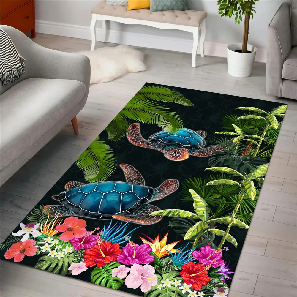 Polynesian Carpets Flannel 3D Graphic Frangipani Sea Turtle Tattoo Floor Rugs Carpet for Living Room Area Rug Kitchen Mat