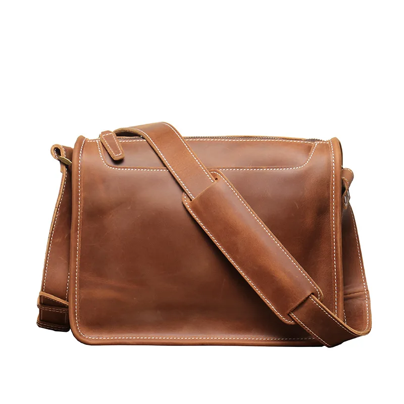 Enkele schoudertas voor heren van topnerf rundleer, handgemaakte gekke paardenleren crossbodytas met grote capaciteit