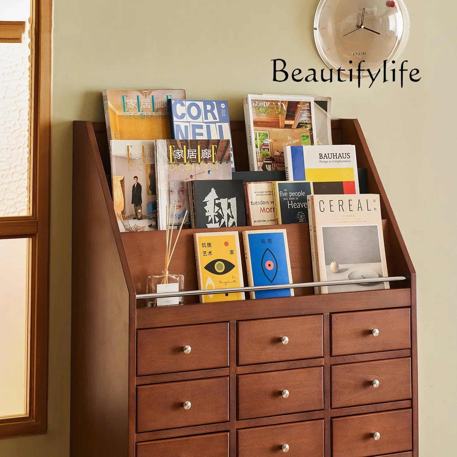 I HX Retro Side Cabinet Solid Wood Medieval Dougui Decorative Cabinet Magazine Storage Small Apartment Multi-functional Locker S