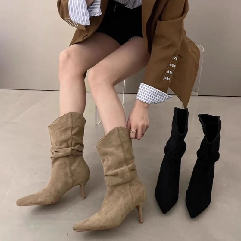 

Женские замшевые ботинки на шпильке, новые осенние нескользящие износостойкие ботинки с острым носком и рукавами