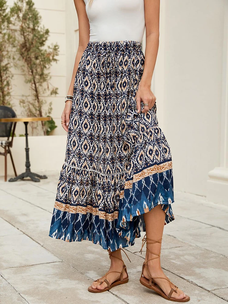 Women's Summer Skirt European Artificial Cotton Printed Bohemian Vacation Seaside Beach Large-flared Skirt Faldas Female SK101