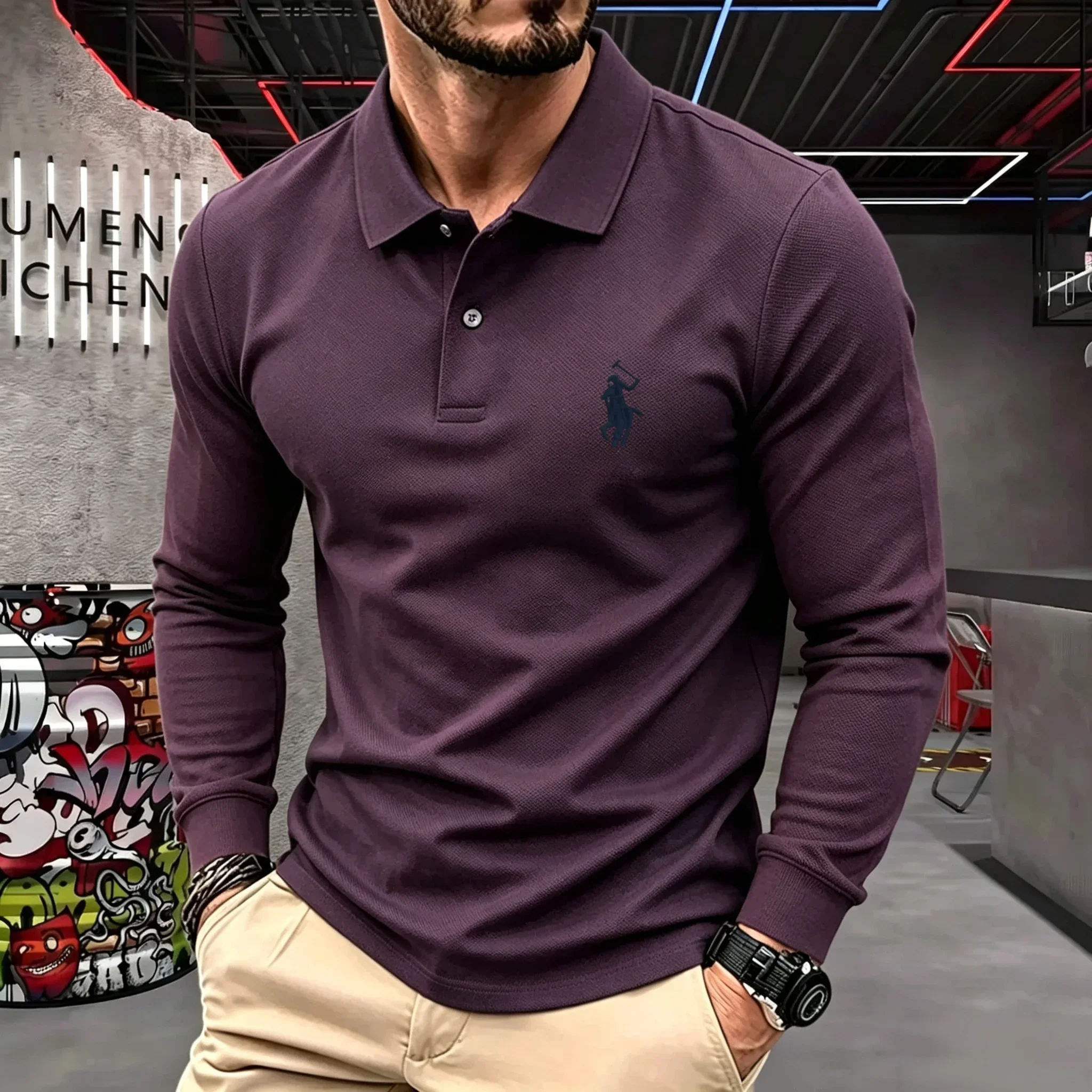 100% reine Baumwolle, hochwertiges Marken-Herren-Langarm-Poloshirt, Herbst-Winter, modisch, luxuriös, bestickt, Golf-Oberteil, lässiges T-Shirt – Detail 5