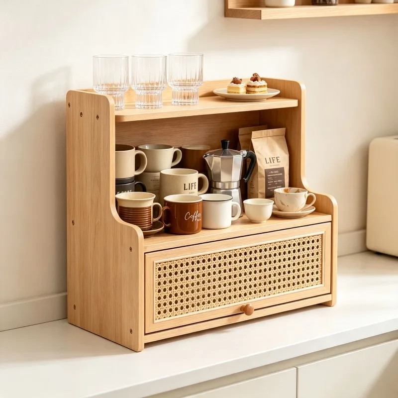 Medieval three-layer solid wood shelf braided rattan storage rack