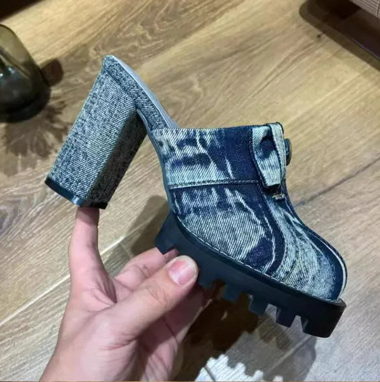 Retro Blue Grey Denim Cloth Chunky High Heel Slipper Sandals Thick Tyre Sole Women Washable Jeans Slingbacks Close Toe Shoes