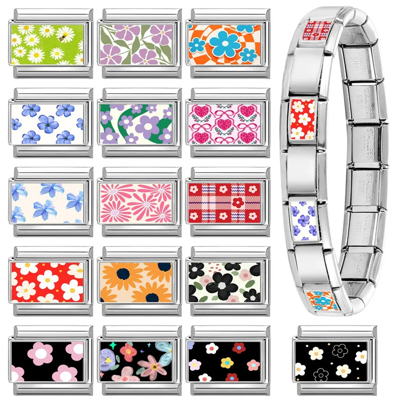 New Creative Flowers Series Cherry Heart Tulip Italian Charm Links Fit 9mm Stainless Steel Bracelet Women Men DIY Making Gift