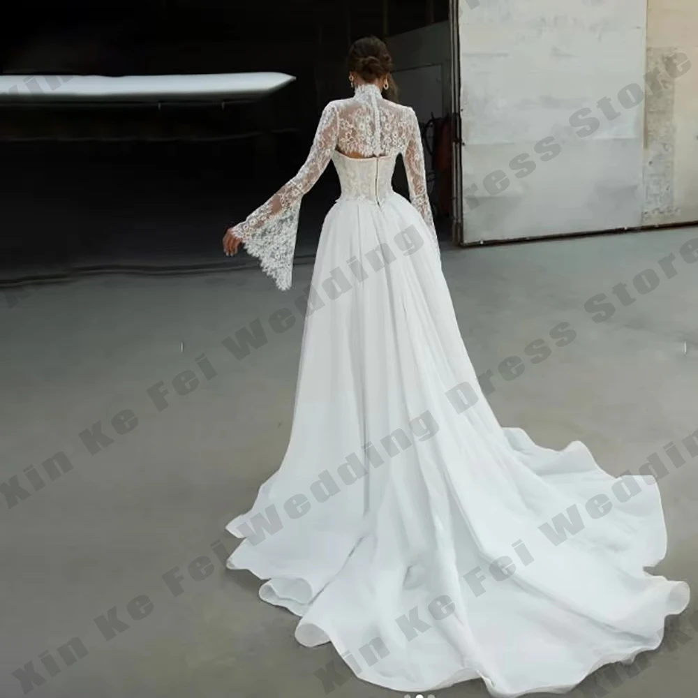 Abiti da sposa in pizzo Collo alto Manica lunga A-line Appliques Abito da sposa a sirena Abito da sposa elegante robe de mariée personalizzato