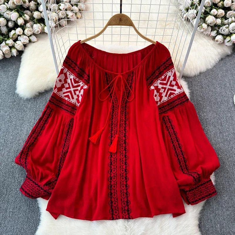 Retro Embroidered Shirt Top Female 2024 Spring Lace Up Tassel Loose Lantern Sleeves Ethnic Style Blouse Female A46