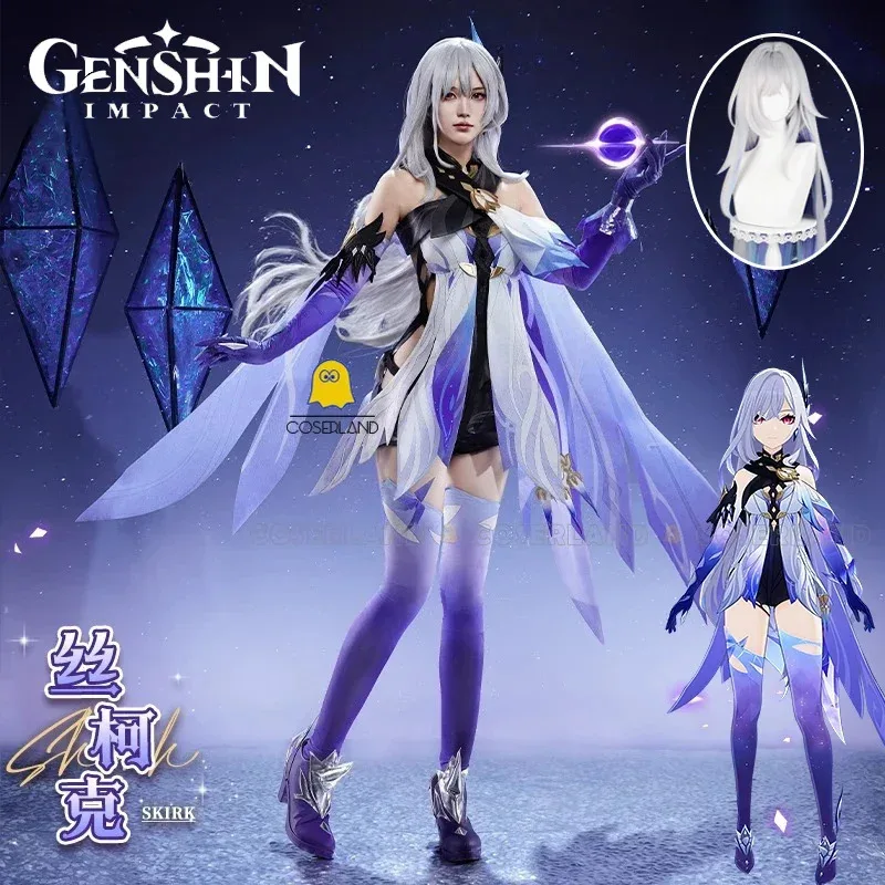 

Genshin Impact Skirk Cosplay Costume Wig Dress Uniform Headwear Swordswoman Tartaglia's Master Abyss Party for Women Role Play