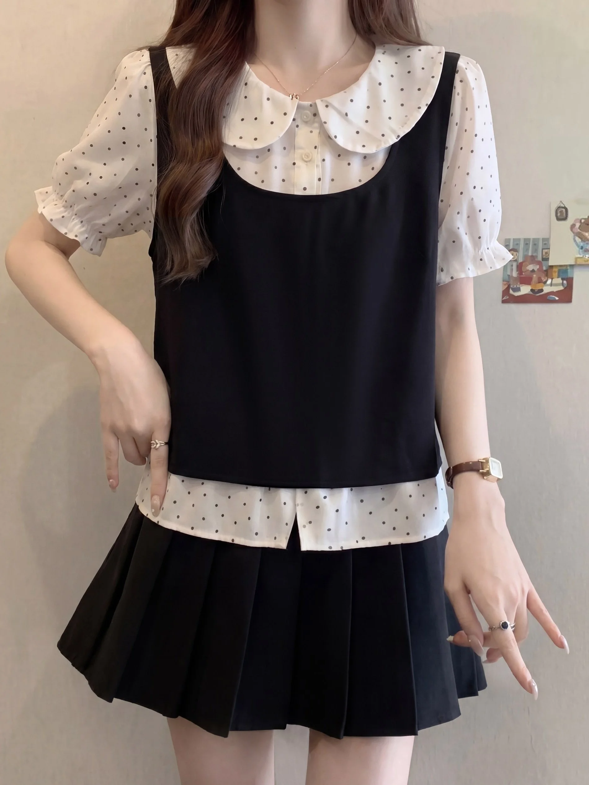 

plus Size Women's Fashionable Short Sleeve Top Summer Slimming Belly Cover Versatile Color Polka Dot Design Ensemble