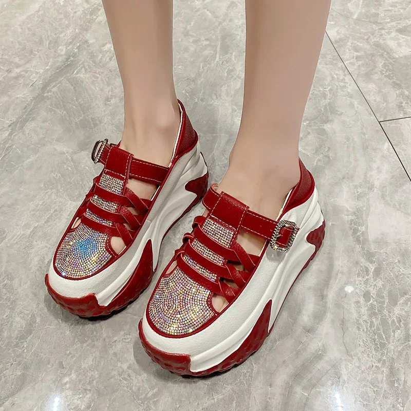 7cm Suede Genuine Leather Platform Wedge Comfy Fashion Bling Breathable Women Chunky Sneakers Summer Hollow Leisure Shoes