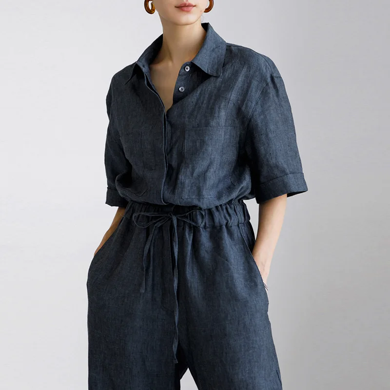 100% Linen  Jumpsuits For Women Short Sleeve Top +Wide Pants Overall Romper Streetwear Elegant One Piece Outfit Women