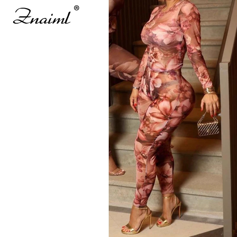 

Znaiml женский комплект из 2 предметов с цветочным принтом и круглым вырезом, топ с длинными рукавами и прозрачные сетчатые леггинсы, сексуальный наряд для ночного клуба для осенних горячих девушек