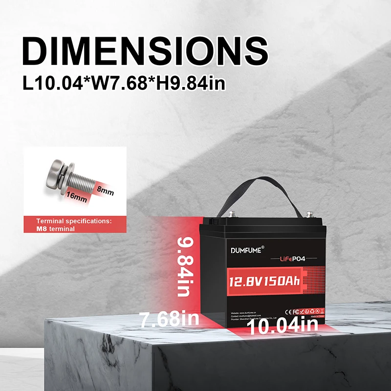Dumfume 12.8V 150Ah Max LiFePO4 Battery with 100A BMS Low Temp Cut-off 15000+ Deep Cycles for RV Solar Off-grid System Home Backup Energy Storage