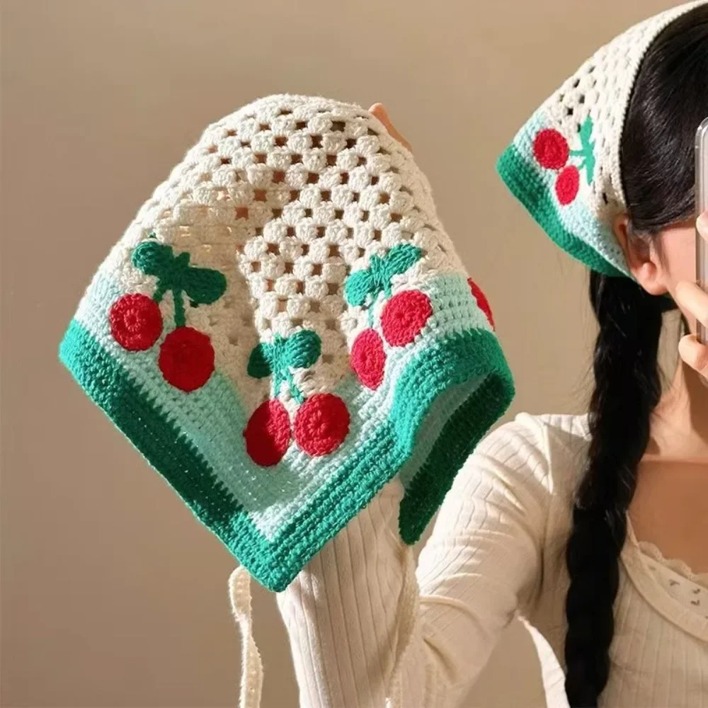 Diadema triangular de punto Retro, estilo Pastoral francés, pañuelo de ganchillo con flores para niña, pañuelo hueco hecho a mano para vacaciones en la playa