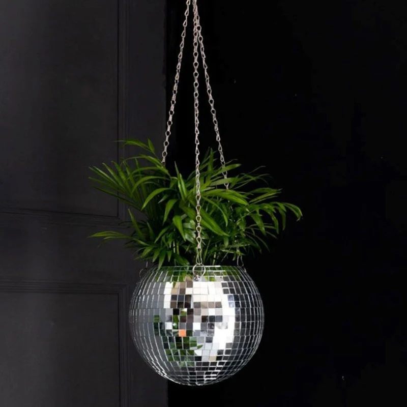 Disco Ball Hanging Flower Pot For Indoor Plants Bohemian Style Flower Planter Pots Rope Mirror Hanging Basket  Garden Decor Vase