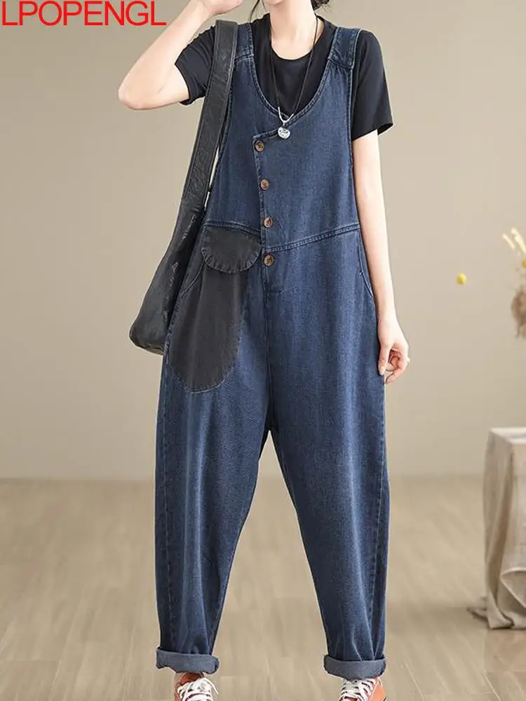 

Woman Spring Literary Vintage Loose Denim Overalls Streetwear Straight Patchwork Pockets Washing Contrast Sleeveless Jumpsuit