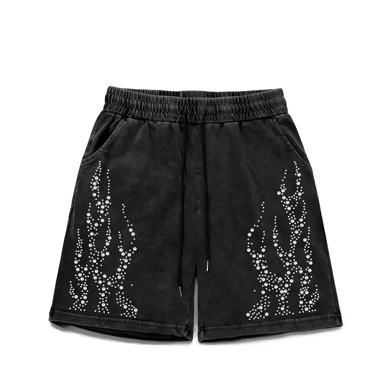 Men's Fashion Vintage Shorts With Flame Hotfix Rhinestone High Street Washed Retro Summer Hip Hop Short Joggers Elastic Waist