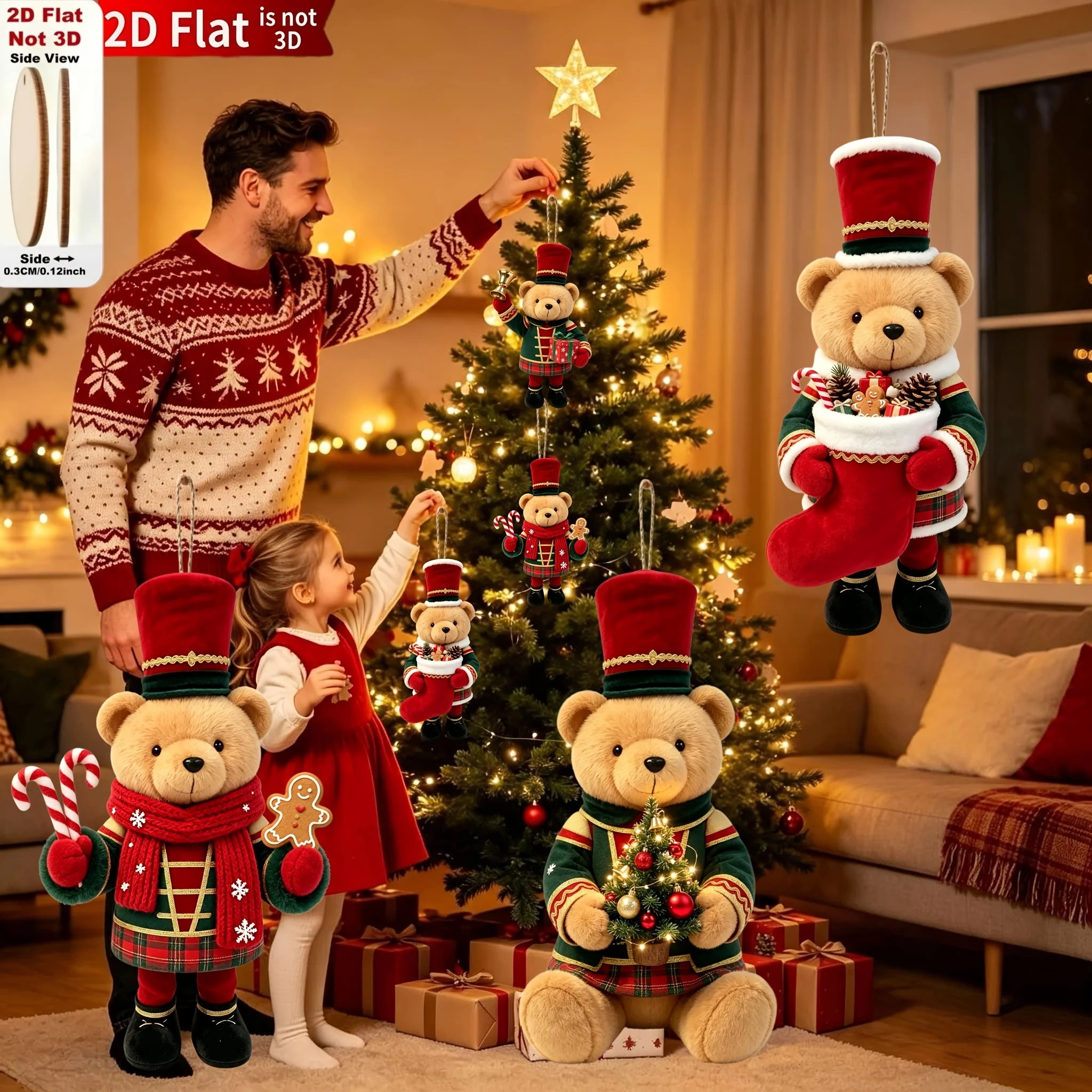 20/10 Stück, zufällig sortierte, flache, handgefertigte Weihnachtsornamente in Bärenform aus Holz, mit verschiedenen Weihnachtsmotiven, geeignet für Bäume, zur Dekoration von Wohnräumen, für Partys und als Weihnachtsge – Detail 3