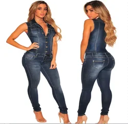 Women Denim Jumpsuits Jeans Turn Down Collar Sleeveless One Piece Single Breasted Sexy High Waist Overalls Long Pants Rompers