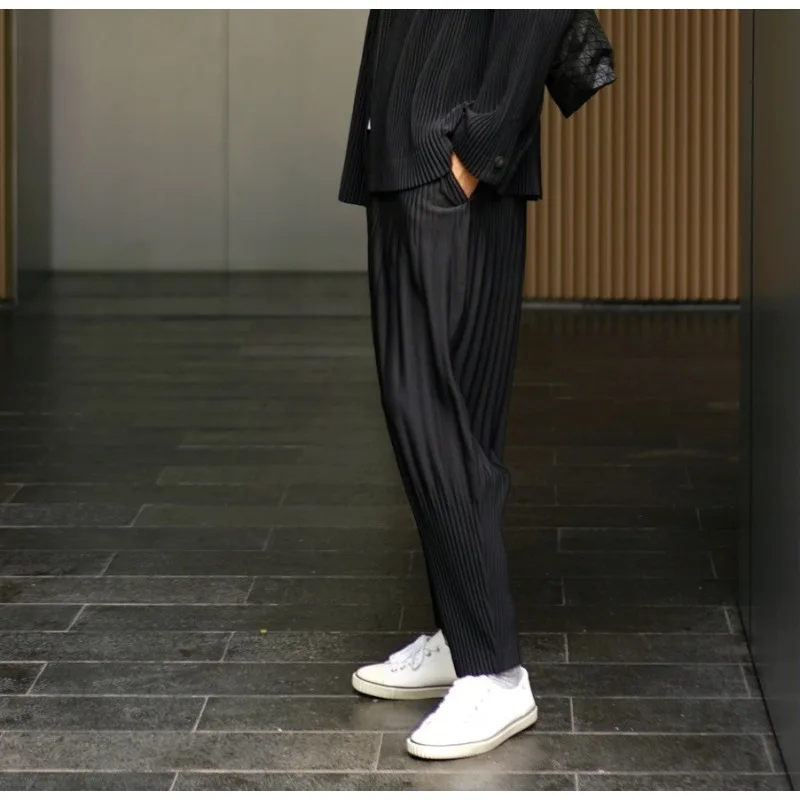 Miyake-ropa plisada para hombre, pantalones tipo farol de estilo japonés, pantalones sueltos, pantalones informales de nueve puntos, pantalones de verano para hombre, uso diario