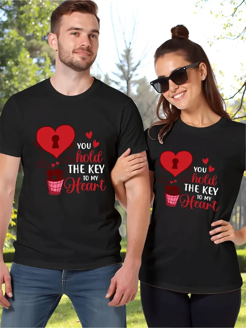 Valentine\'s Day Couples Matching T-Shirts Casual Short Sleeve Crew Neck T Shirt For Men Women New In Couple Elements Print Tees