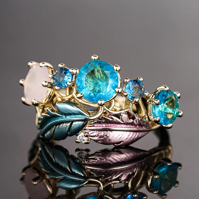 Huitan Artistic Feather Rings for Women Graceful Temperament Finger Accessories for Party Female Delicate Grand Gorgeous Jewelry