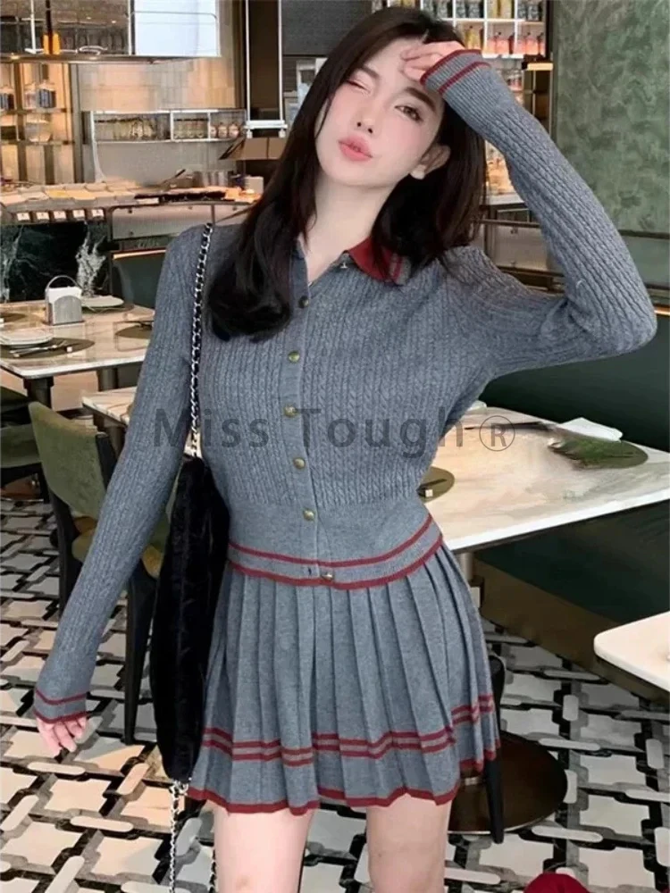 Preppy Style Vintage Knit 2 Piece Set Women Retro Lapel Sweater Tops Mini Pleated Skirt Contrast Color Casual Skirt Suit 2024