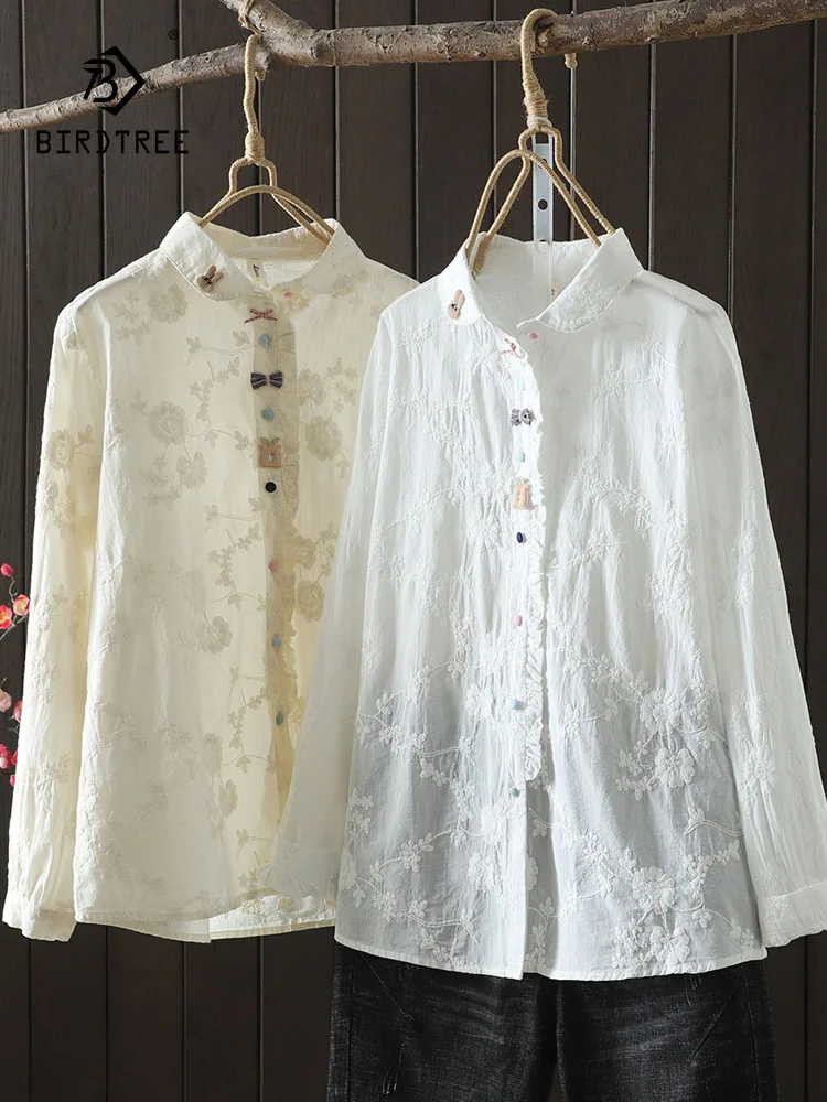 

New 2026 Spring Cotton Long Sleeve Shirt, Women Turn-down Collar Embroidery, Mori Girl French Sweet Bow Loose Blouse T5D525CC