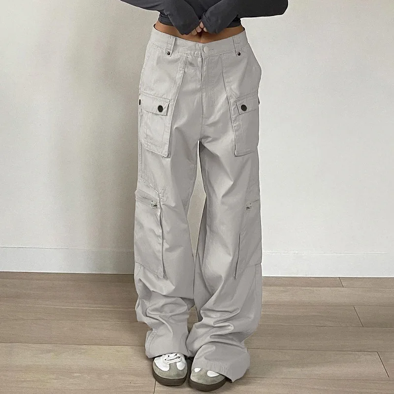 

Women Pants 2024 Spring Fashion Zipper Pocket Design Jeans Spicy Girl Low Waist Style Casual Daily Wide Leg Cargo Long Pants