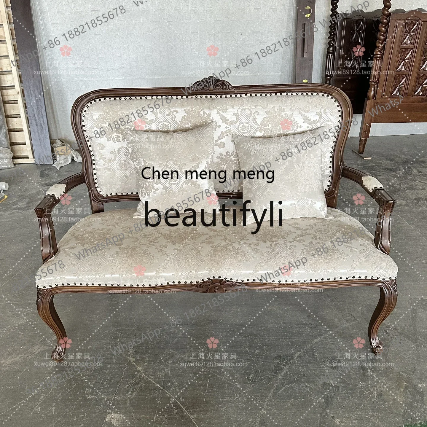 

D178 French antique style solid wood carving flower double sofa retro fabric reception leisure chair