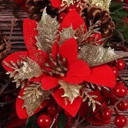 5/20pcs Artificial Christmas Flowers DIY Xmas Glitter Flower Bouquet Fake Silk Flower with Clip Poinsettia New Year Party Decor