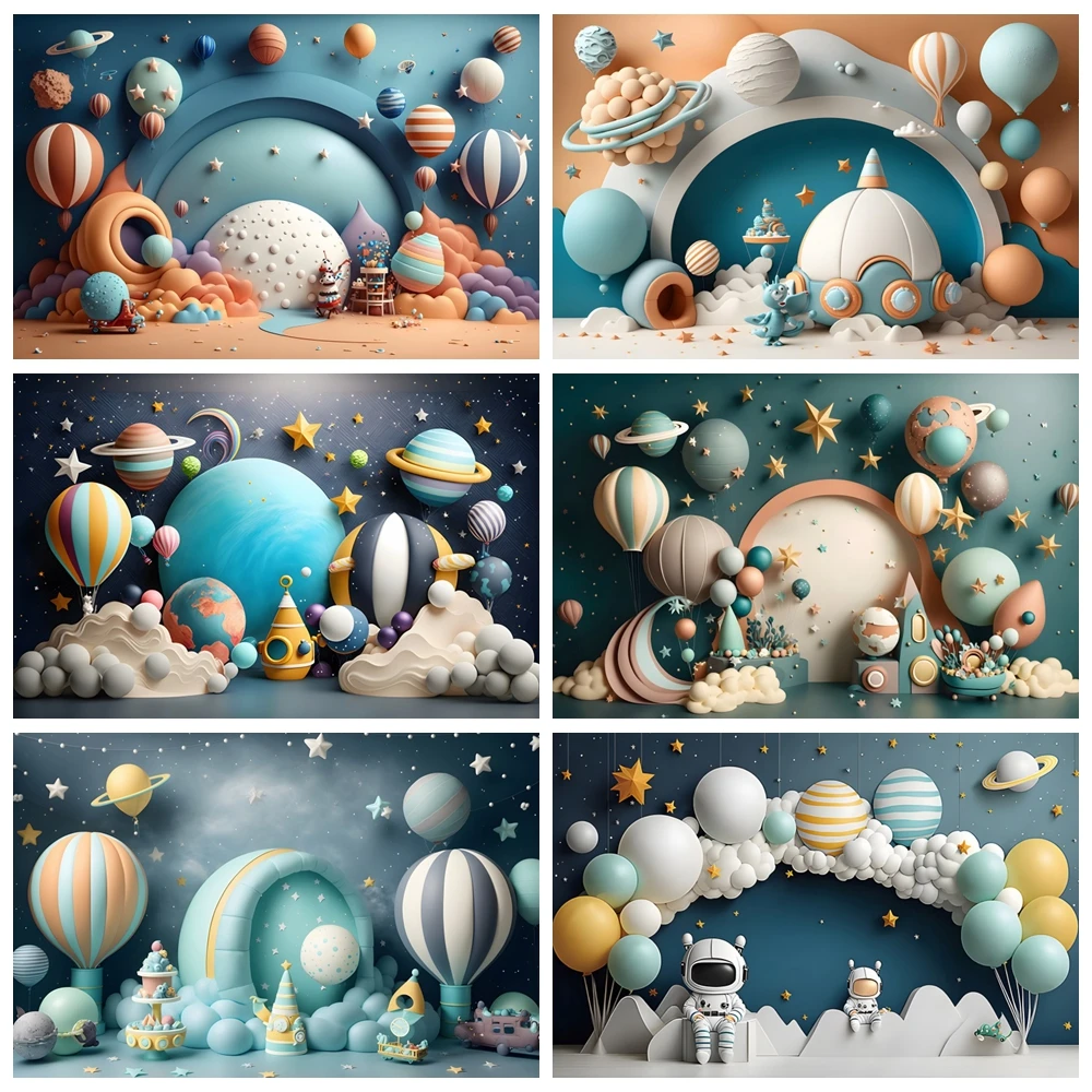 Astronaut Baby Birthday Party Backdrop 3D Arch Universe Planet Newborn 1st Birthday Decor Kids Portrait Photography Background