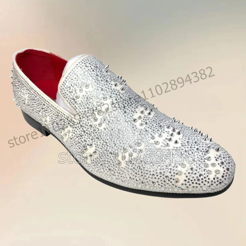 

White Rhinestone Rivets Decor Low Top Men Loafers Fashion Slip On Men Shoes Luxury Handmade Party Feast Wedding Men Dress Shoes
