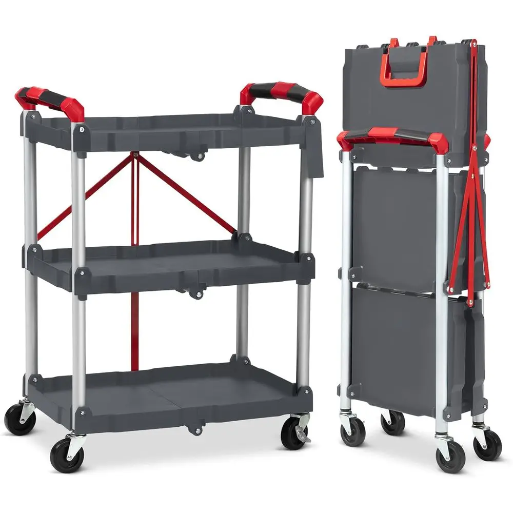 

3-Tier Collapsible Portable Utility Cart with Lockable Wheels, Holds 165 Lbs for Kitchen, Office, and More