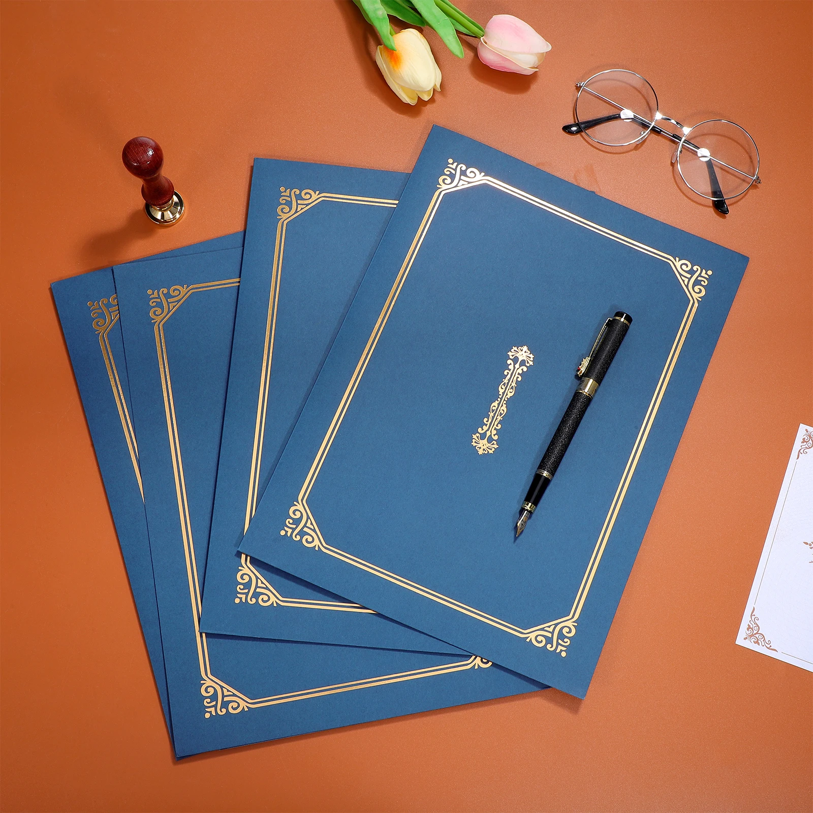 

4 pcs A4 Certificate Holders Award Covers Diplomas Document Protectors Navy Blue Heavyweight Paper Gold Foil Border For Home