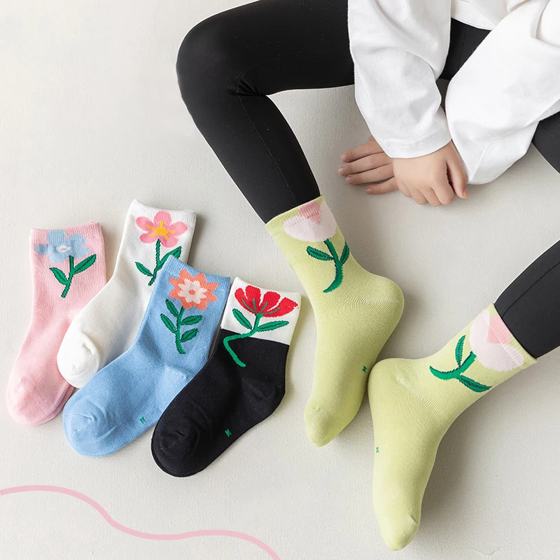 

5Pair/Set Socks For Girls Cartoon Flower Candy Color Mid Tube Socks Winter Breathable Casual Short Socks Japanese Korean Style