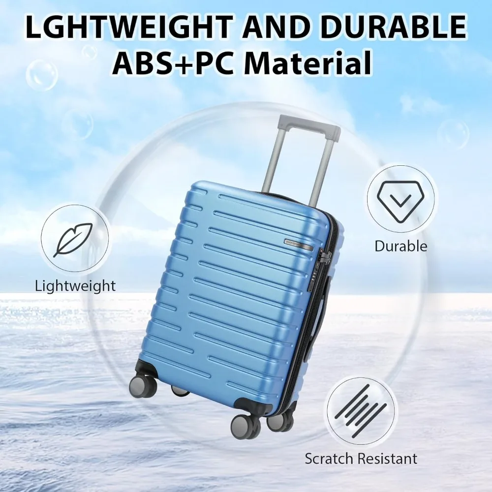 Expandable 20-Inch Carry-On Luggage with Spinner Wheels, TSA Lock & Hard Shell - Airline Approved Light Blue Suitcase