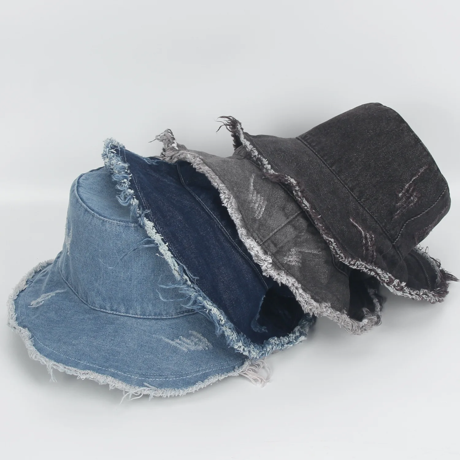 Vintage washed denim bucket hat for women sombrero panama men autumn winter Fisherman Hat iron wire design Foldable basin cap