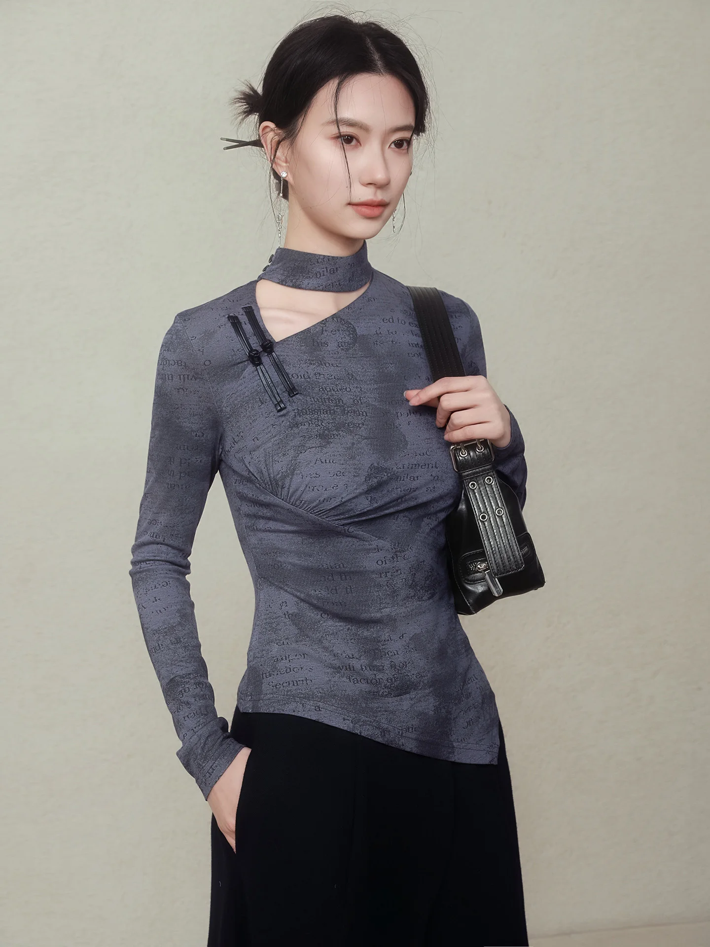 

New Chinese Style T-Shirt Grey Mist round Missing INGKO Women's Long Sleeve Casual Fashion Eco-Friendly Regenerated Fiber