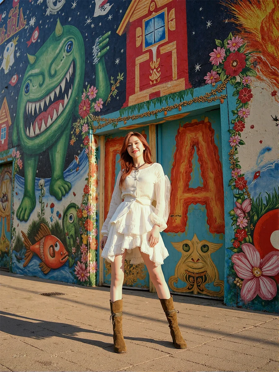 

Mini Ruffles Black White Skirts Women Chiffon Layered Pleated Ruffle Hem Elastic Waist Flare Chic Elegant Bohemian Knotted Drape