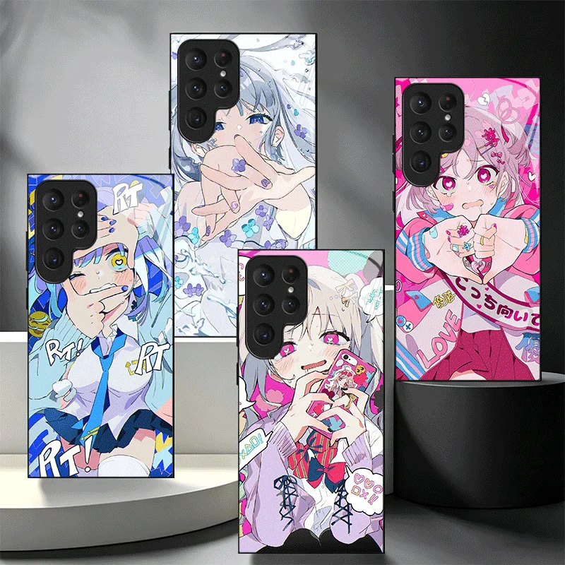 Anime Kwaii Girl Ins Style Glass Phone Case for Samsung Galaxy S26 S25 S24 S23 Ultra Edge S22 S21 Plus S20 FE Shockproof Cover S