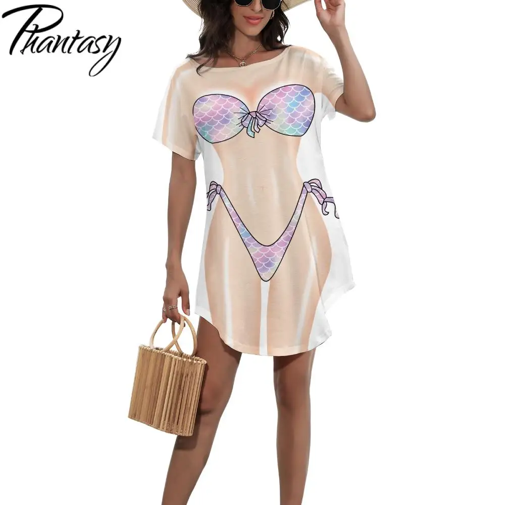 Phantasy Summer Mermaid Bikini Body Print Cover Up Dress Loose Casual T-Shirt Women's Bikini Printed Beach T-Shirt Dress